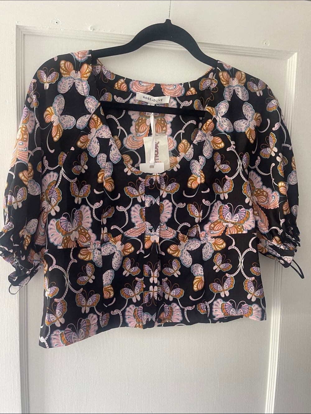 Rose & Olive Black Butterfly Print Blouse with Pink & Tan Accents